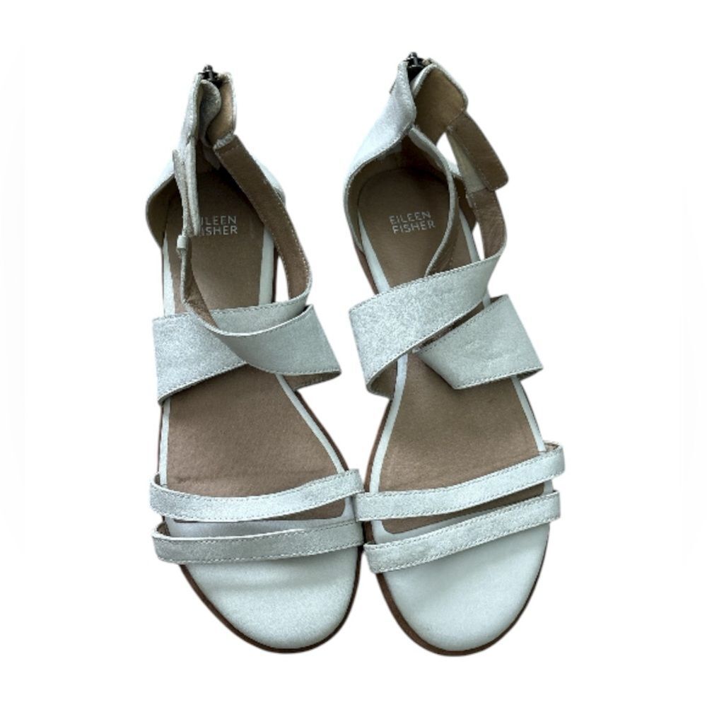 Eileen Fisher White Cream Leather Strappy Back Zip Flat Sandals Sz 10